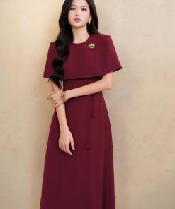 Alternative view of Váy dài nữ dự tiệc sang chảnh l 𝐍𝐀𝐓𝐓𝐈 𝐃𝐄𝐒𝐈𝐆𝐍𝐒 thiết kế choàng vai liền váy chất liệu Chéo Nhật cao cấp NV14