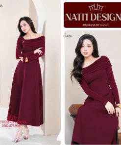 Váy dài nữ 𝐍𝐀𝐓𝐓𝐈 𝐃𝐄𝐒𝐈𝐆𝐍𝐒 thiết kế xoắn trễ vai sang chảnh đầm xòe bo eo chất liệu vải chéo Hàn mềm mại cao cấp NV19