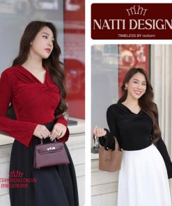 Áo nhúng xoắn ngực dài tay nữ 𝐍𝐀𝐓𝐓𝐈 𝐃𝐄𝐒𝐈𝐆𝐍𝐒 thiết kế cổ V chất nhúng kim cương cao cấp NA01
